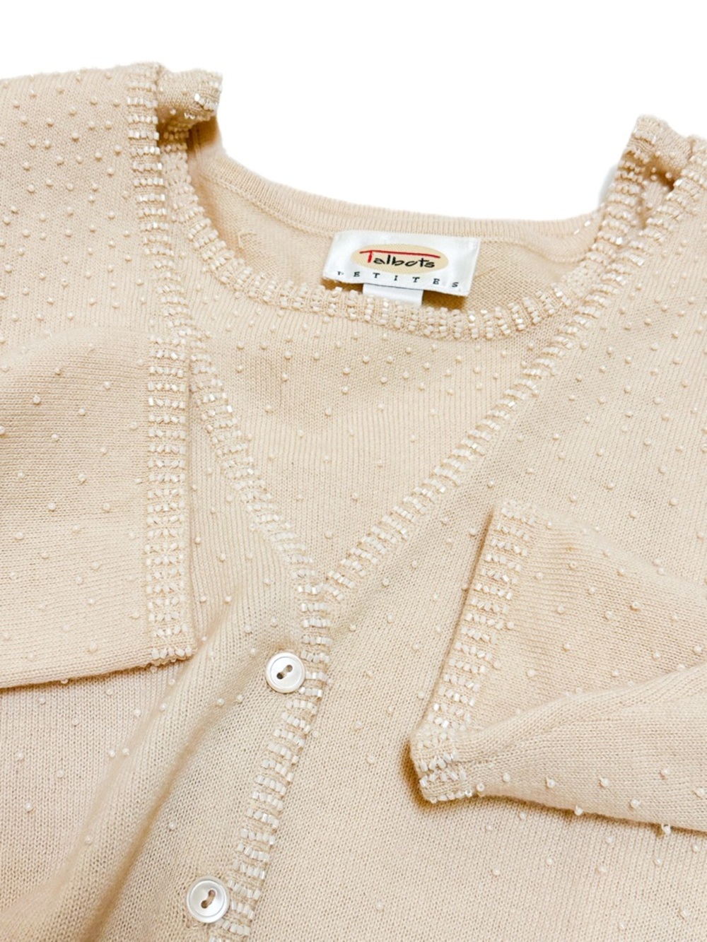 Vintage Talbots 100% Wool Beaded Lady Cardigan Twinset Sweater Short Sleeve Top
